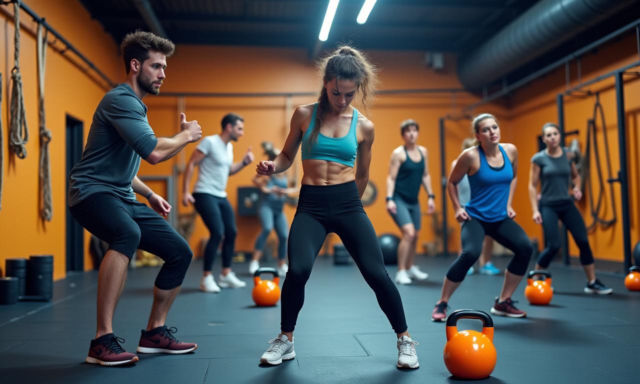 Grupo de personas en una sesión de entrenamiento funcional utilizando kettlebells y cuerdas.
