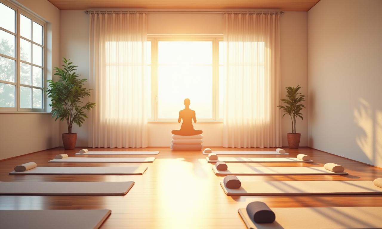 Estudio tranquilo para clases de yoga y pilates con luz natural y suelo de madera.