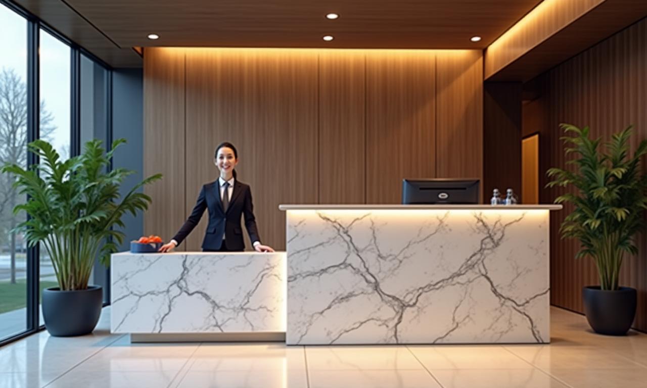 Moderna recepción con mostrador de mármol y personal sonriente.