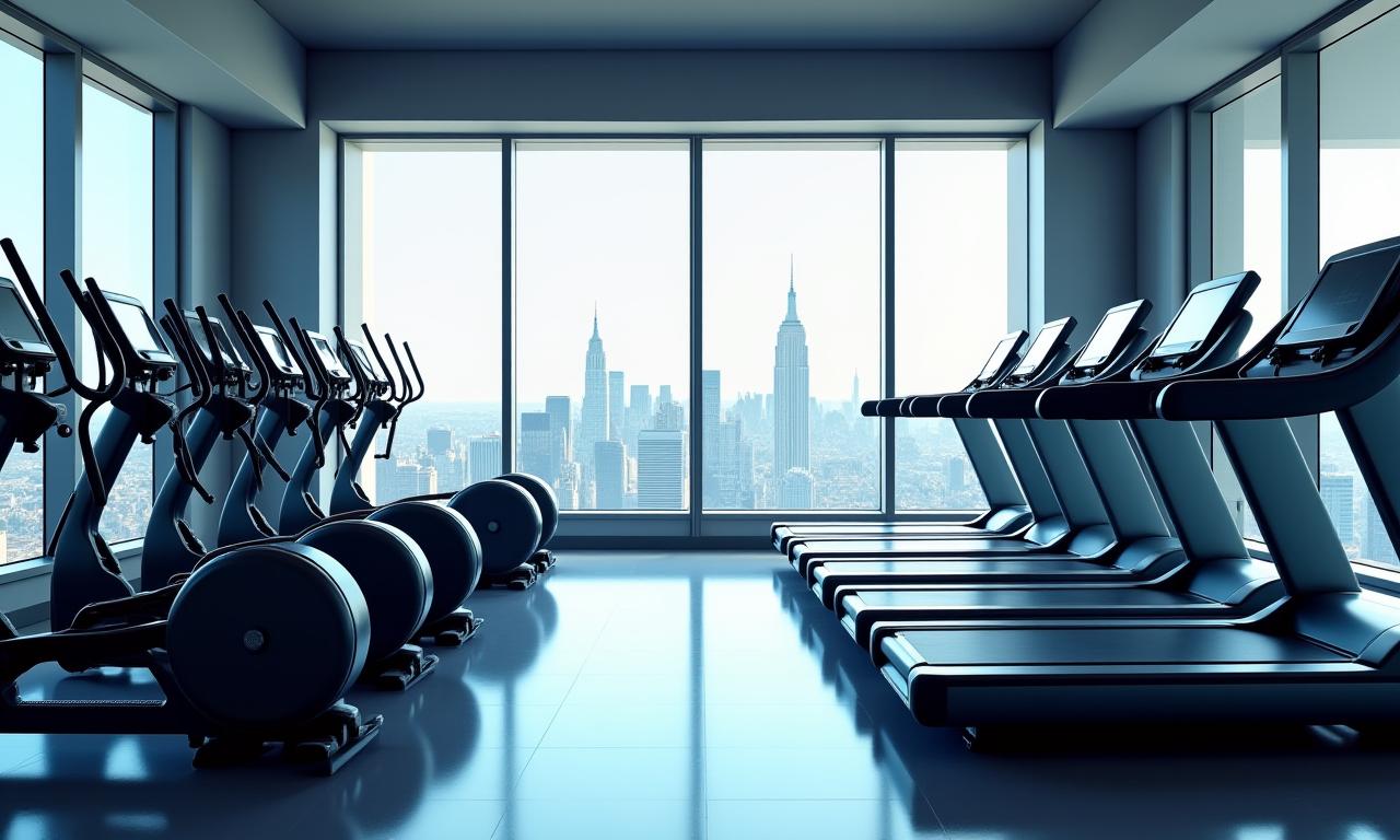 Fila de cintas de correr y elípticas frente a grandes ventanales con vistas a la ciudad.