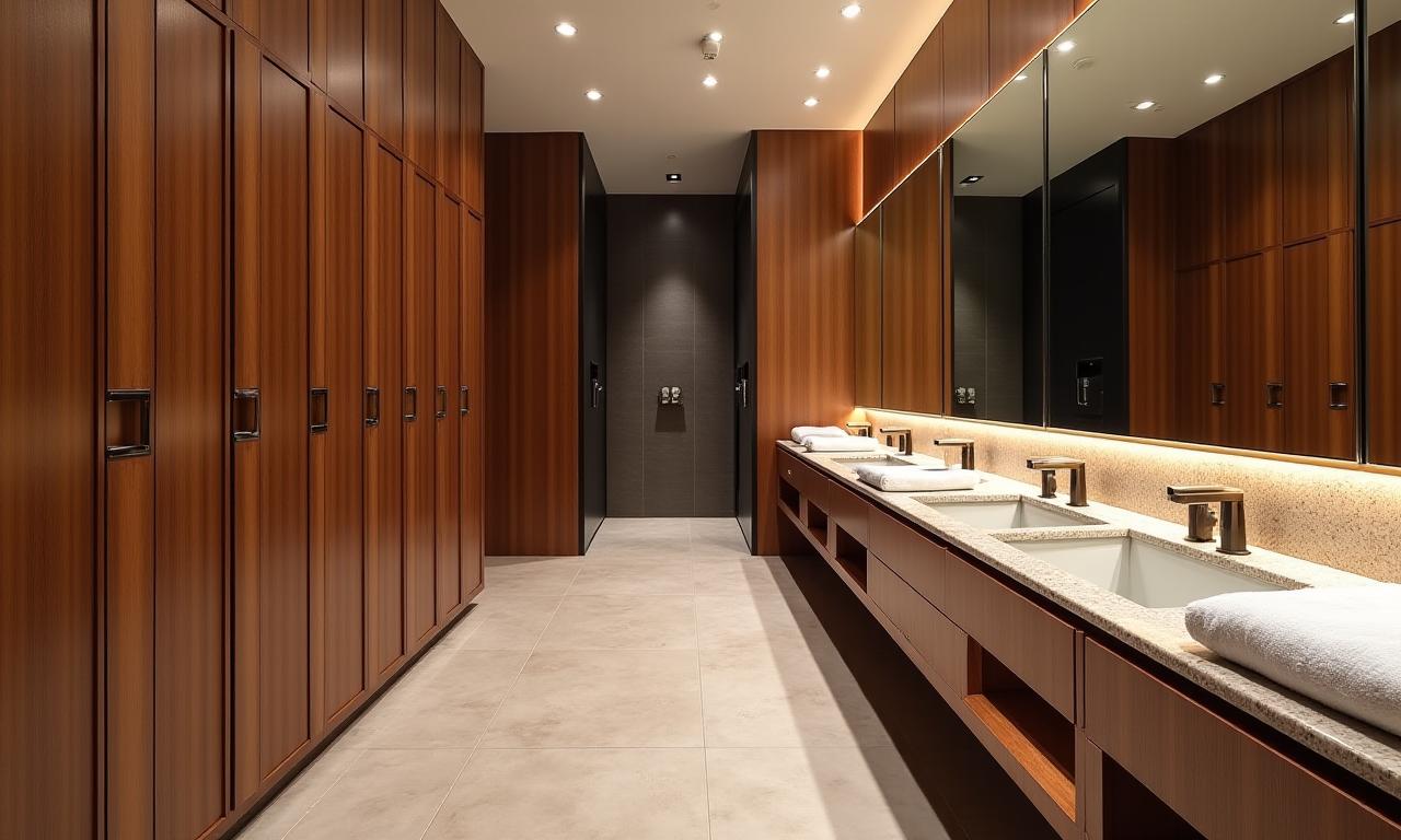 Vestuarios de lujo con taquillas de madera, duchas individuales y amplios espejos.